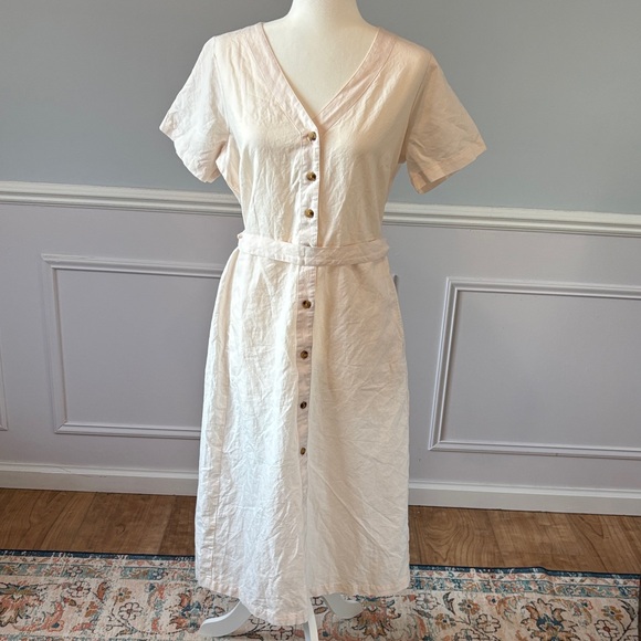 Pact Cream Button-Down Midi Dress Organic Cotton Linen Sz M Chic Cottagecore - Picture 2 of 12